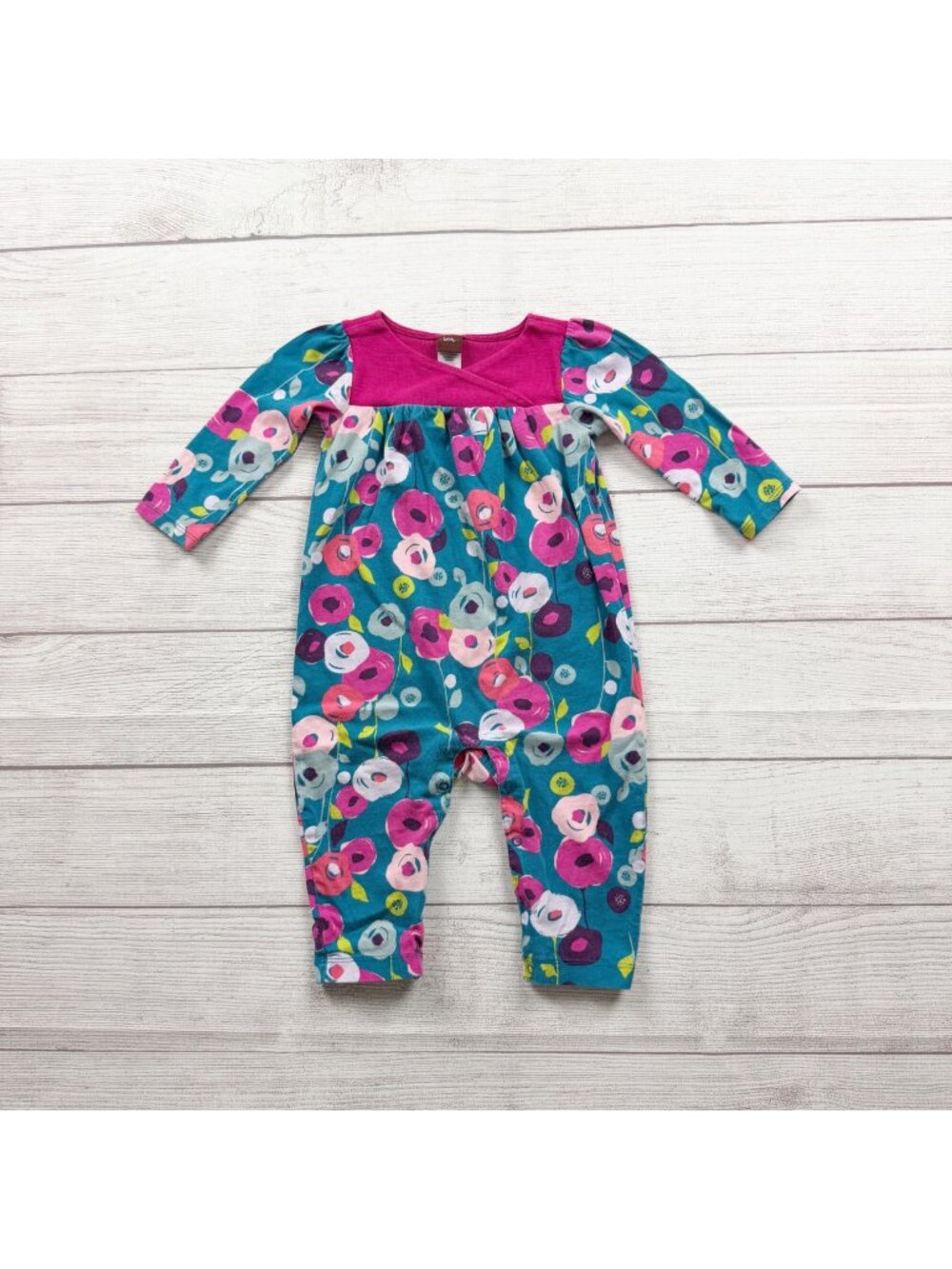 Tea Collection Floral Pattern Baby Romper Cotton Long Sleeve 6-12 Months
